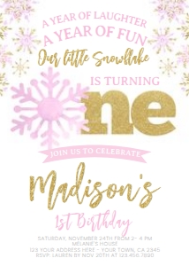 Snowflake First Birthday Invitation (pink) - www.printerfairy.com design preview