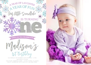 Snowflake First Birthday Invitation with Photo (pink silver) - www.printerfairy.com design preview