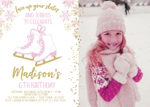 Ice Skating Birthday Party Invitation with Photo (Pink & Gold) - www.printerfairy.com design preview