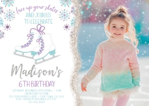 Ice Skating Birthday Party Invitation with Photo (Purple & Silver) - www.printerfairy.com design preview