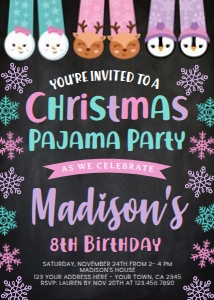 Christmas Pajama Party Birthday Invitation - black background - www.printerfairy.com design preview