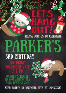 Christmas Sloth Birthday Invitation - black background - www.printerfairy.com design preview