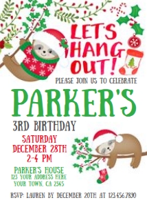 Christmas Sloth Birthday Invitation - white background - www.printerfairy.com design preview