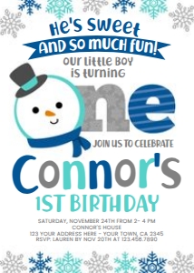 Snow First Birthday Invitation (blue) - www.printerfairy.com design preview