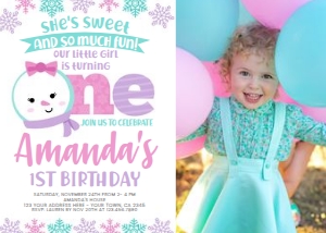 Snow First Birthday Invitation with Photo - www.printerfairy.com design preview
