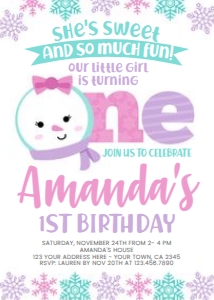 Snow First Birthday Invitation (pink) - www.printerfairy.com design preview