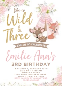 Wild & Three Birthday Invitation - www.printerfairy.com design preview
