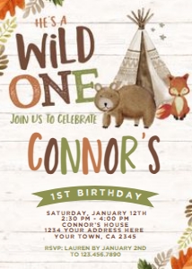 Wild One Woodland Invitation (wood, green, brown) - www.printerfairy.com design preview
