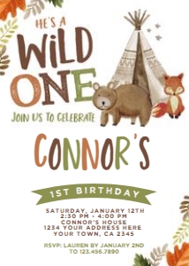 Wild One Woodland Invitation (white, green, brown) - www.printerfairy.com design preview