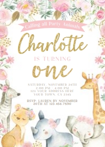Safari First Birthday Invitation (pink) - www.printerfairy.com design preview