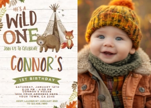 Wild One Woodland Invitation with Photo (wood, green, brown) - www.printerfairy.com: Wild One Woodland Invitation with Photo (wood, green, brown) - www.printerfairy.com