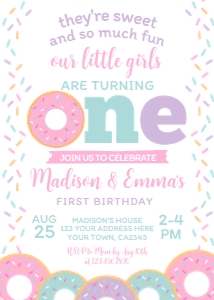 Donut First Birthday Invitation Twins (pink white) - www.printerfairy.com: Donut First Birthday Invitation Twins (pink white) - www.printerfairy.com