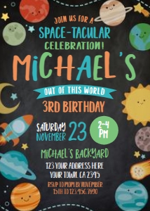 Planets Pastel Black Invitation - www.printerfairy.com design preview