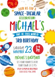 Space Planets Invitation (primary colors, white) - www.printerfairy.com design preview