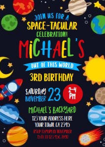 Space Planets Invitation (primary colors, black) - www.printerfairy.com design preview
