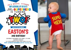 Superhero Second Birthday Party Invitation with Photo (blue red white) - www.printerfairy.com design preview