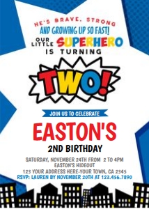 Superhero Second Birthday Party Invitation (blue red white) - www.printerfairy.com design preview