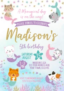 Meowmaids Birthday Invitation with photo (blue) - www.printerfairy.com design preview