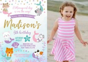 Meowmaids Birthday Invitation with photo (blue) - www.printerfairy.com design preview