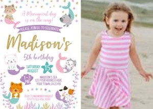 Meowmaids Birthday Invitation with photo (white) - www.printerfairy.com design preview