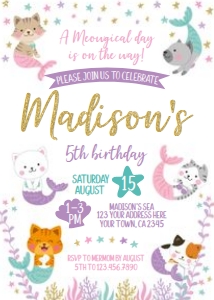 Meowmaids Birthday Invitation (white) - www.printerfairy.com design preview