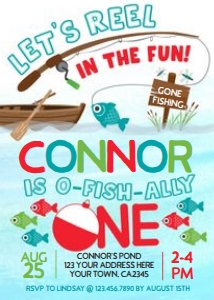 Fishing First Birthday Invitation (blue) - www.printerfairy.com: Fishing First Birthday Invitation (blue) - www.printerfairy.com