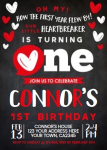 Valentine's Day First Birthday Invitation (black) - www.printerfairy.com design preview