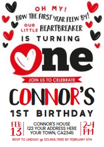 Valentine's Day First Birthday Invitation (white) - www.printerfairy.com design preview