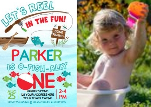 Fishing First Birthday Invitation with photo (blue) - www.printerfairy.com design preview