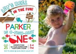 Fishing First Birthday Invitation with photo (white) - www.printerfairy.com design preview