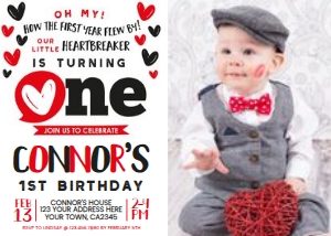 Valentine's Day First Birthday Invitation with Photo (white) Photo - www.printerfairy.com design preview