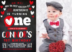 Valentine's Day First Birthday Invitation with Photo (black) - www.printerfairy.com: Valentine's Day First Birthday Invitation with Photo (black) - www.printerfairy.com