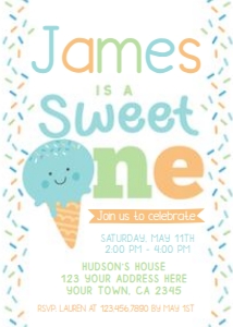 Ice Cream First Birthday Party Invitation (orange blue) - www.printerfairy.com design preview