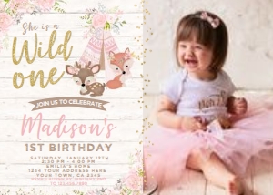 Wild One Woodland Invitation with Photo (pink, gold, wood) - www.printerfairy.com design preview