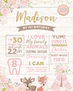 Tribal Wooden Wild One Birthday Board (gold, pink) - www.printerfairy.com design preview