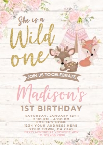 Wild One Woodland Invitation (pink, gold, wood) - www.printerfairy.com design preview