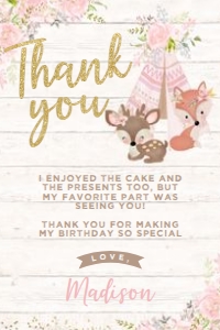 Wild One Woodland Thank You Cards (pink, gold, wood) - www.printerfairy.com design preview
