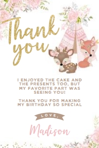 Wild One Woodland Thank You Cards (pink, gold) - www.printerfairy.com design preview