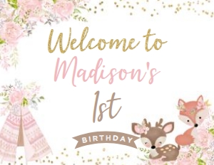 Wild One Woodland Welcome Sign (pink, gold) - www.printerfairy.com: Wild One Woodland Welcome Sign (pink, gold) - www.printerfairy.com