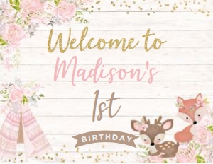 Wild One Woodland Welcome Sign (pink, gold, wood) - www.printerfairy.com design preview