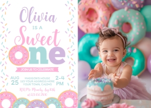 Sweet One Donut Birthday Invitation with photo (white pink) - www.printerfairy.com design preview