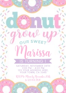 Donut Grow Up First Birthday Invitation (pink white)  - www.printerfairy.com design preview