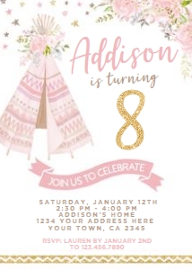 Teepee Birthday Invitation (pink, gold, white) - www.printerfairy.com design preview