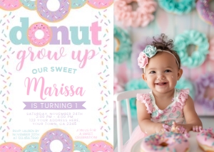 Donut Grow Up First Birthday Invitation with Photo (pink white) - www.printerfairy.com: Donut Grow Up First Birthday Invitation with Photo (pink white) - www.printerfairy.com