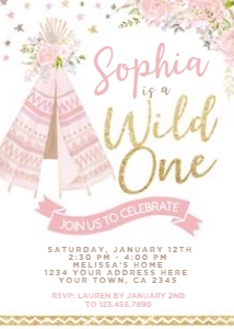 Teepee Wild One Invitation (pink, gold, white) - www.printerfairy.com: Teepee Wild One Invitation (pink, gold, white) - www.printerfairy.com