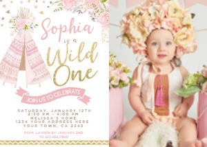 Teepee Wild One Invitation with Photo (pink, gold, white) - www.printerfairy.com design preview