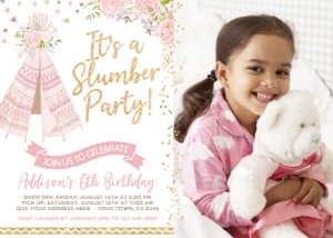 Teepee Slumber Party Invitation with photo (pink, gold, white) - www.printerfairy.com: Teepee Slumber Party Invitation with photo (pink, gold, white) - www.printerfairy.com