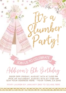 Teepee Slumber Party Invitation (pink, gold, white) - www.printerfairy.com: Teepee Slumber Party Invitation (pink, gold, white) - www.printerfairy.com