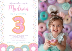 Donut Third Birthday Invitation with Photo - www.printerfairy.com * design preview
