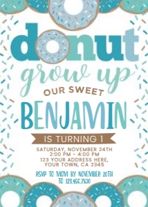 Donut Grow Up Birthday Invitation (white & blue) - www.printerfairy.com design preview